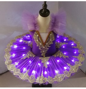 Kids girls Led light White tutu skirts ballet dresses children's little swan costume modern dance girls puff skirt dance performance costumes