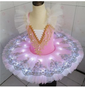 Kids girls light pink led light Ballet tutu skirt ballerina pancake ballet dresses children little swan dance performance costume girls princess tutu skirt