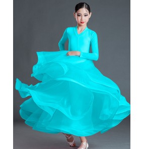 Kids girls pink turquoise blue ballroom dance dresses stage performance ballroom dancing skirts waltz tango foxtort long dress for children