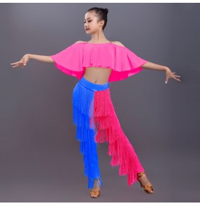 Kids girls pink with royal blue fringes latin dance costumes tops and fringes latin dance pants