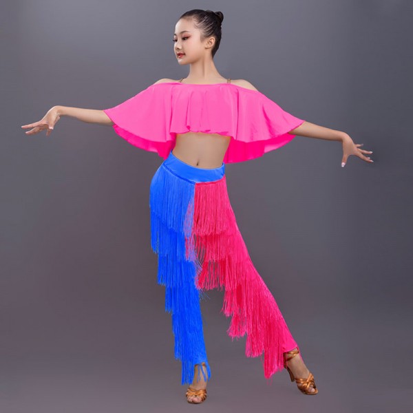 Kids girls pink with royal blue fringes latin dance costumes tops and  fringes latin dance pants