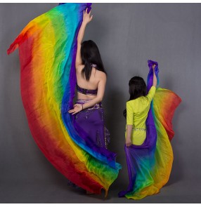 Kids Girls rainbow colored Belly Dance Handmade Silk Veil Streamer Hand Thrown Scarf Gradient Real Silk Soft Rectangle Shawl Veils