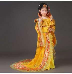 Kids girls red gold pink chinese folk dance dresses traditional empress queen stage performance costumes for girl Tang Han princess fairy queen film drama cosplay trailing dress