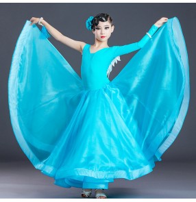 Kids girls Turquoise blue Modern ballroom dance dress children ballroom dance costumes children angel wings modern waltz tango dance dresses