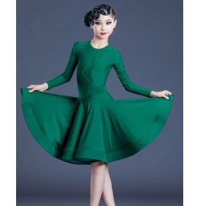 Kids Girls Turquoise dark green long sleeves latin ballroom dance dress for girls juvenile ballrom latin dance costumes 