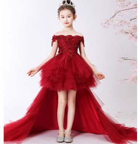 Kids girls wine color piano host singers performance trailing dresses model show birthday party performance dresses