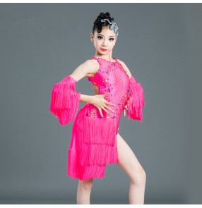 Kids hot pink colored competition latin dance dresses girls rhinestones salsa rumba chacha dance dresses