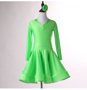 Kids hot pink green yellow wine latin dance dresses competition children colorful salsa rumba chacha dance costumes