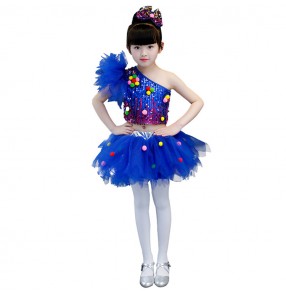 Kids jazz dance dresses royal blue paillette party show flower girls modern dance street stage  performance chorus singers dancers dancing costumes outfits