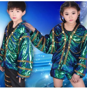 Kids jazz dance rap hiphop outfits boys girls green sequined drummer competition modern cheer leaders group dancers  model party photos stage performance tops and pants