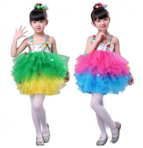 Kids jazz modern dance dresses rainbow colored singers stage performance singers party celebration princess dancing cosplay dresses