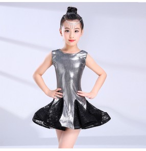 Kids latin dance dresses for girls children red black silver stage performance professional chacha rumba dance dresses outfits costumes