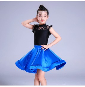 Kids latin dance dresses lace royal blue competition stage performance salsa chacha rumab dancing tops and skirts