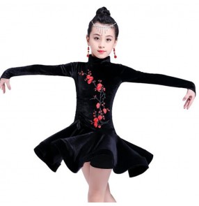 Kids latin dance dresses royal blue black velvet long sleeves competition ballroom salsa rumba chacha dancing costumes