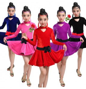 Kids latin dance dresses velvet long sleeves competition ballroom salsa rumba chacha dance skirts dress