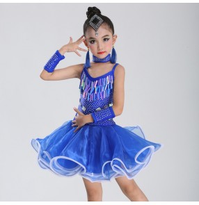 Kids latin dresses competition sequin paillette professional fringes salsa chacha rumba dancing costumes