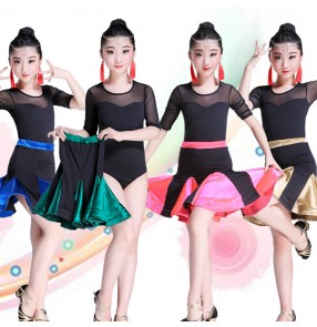 Kids latin dresses competition stage performance professional chacha rumba samba dancing leotards and skirt