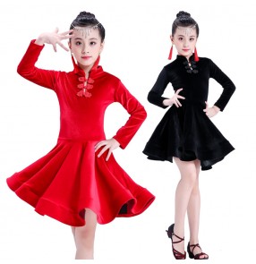 Kids latin dresses for girls red black velvet long sleeves competition stage performance ballroom salsa chacha dancing costumes dress