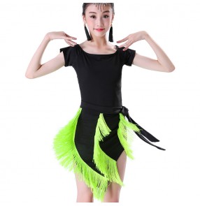Kids latin dresses fringes salsa chacha rumba stage performance competition tops and skirts