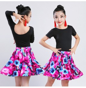 Kids latin dresses girls floral printed stage performance salsa chacha rumba dance tops and skirts