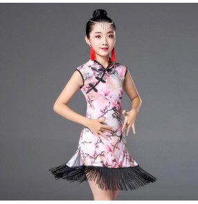 Kids latin dresses girls stage printed china style performance competition salsa rumba chacha dancing cheongsam