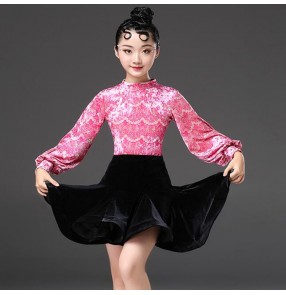 Kids latin dresses lace pink velvet long sleeves ballroom salsa rumba chacha dancing costumes leotard tops and skirt