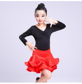 Kids latin dresses lace  tops and ruffles skirts competition stage performance professional costumes