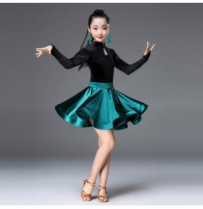 Kids latin dresses red dark green royal blue velvet competition long sleeves stage performance ballroom salsa chacha rumba dancing costumes skirts