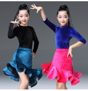 Kids latin dresses velvet long sleeves practice competition stage performance professional rumba chacha dancing costumes