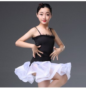 Kids latin dresses white and black colored stage performance salsa chacha rumba exercise practice dancing tops and skirts 