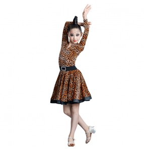 Kids leopard royal blue velvet latin dance dresses kids children latin dance skirts red purple latin dance costumes for girls