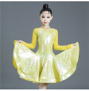 Kids light pink yellow latin dance dress stage performance salsa rumba chacha dance dress 