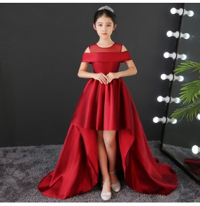 Kids model show pianist stage performance long dresses flower girls red color birthday party competition evening dresses for kids