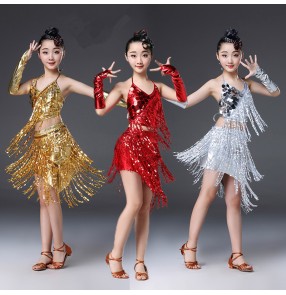 Kids modern dance gold silver sequins latin dance dresses jazz singers gogo dancers stage performance dress costumes