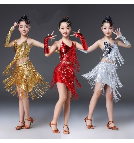 Kids modern dance gold silver sequins latin dance dresses jazz singers ...