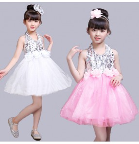 Kids modern dance jazz dance dresses pink silver chorus singers school stage performance show performance costumes outfits