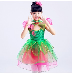 Kids modern jazz dance dresses girls princess petal green flowers cosplay stage performance ballet dress