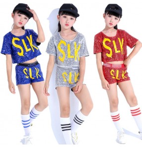 kids modern street jazz dance costumes for boy girls silver red paillette hiphop cheerleaders show stage performance dance outfits costumes