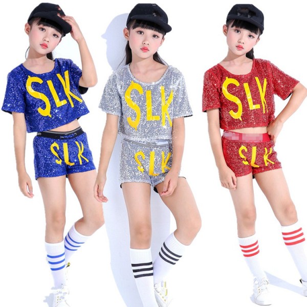 kids modern street jazz dance costumes for boy girls silver red ...