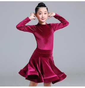 Kids navy velvet latin dance dresses girls salsa chacha dance dress competition stage performance latin dance costumes