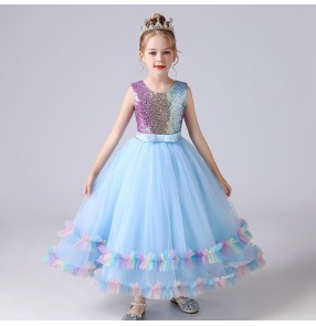 kids pink blue color pianist stage performance dresses mode show Princess dress girls birthday puffy gauze dress host solo singers stage performance costume