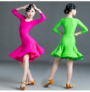 kids pink competition latin dance dress salsa green color ballroom dance dress for girls