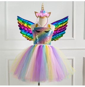 Kids princess fairy sequins performance dresses singers jazz host show performance rainbow prom angel dress with wings