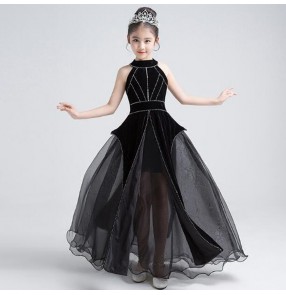 Kids princess girls jazz dancing dresses for girls black color show party model singers pianist  stage performance photos cosplay long evening dresses