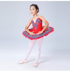 Kids red colored ballet dress classical swan lake pancake skirt ballerina stage performance ballet dress 