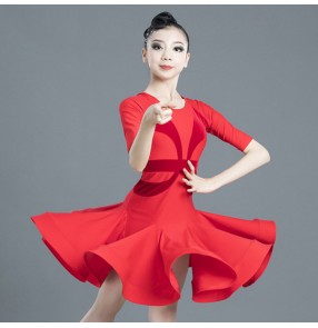 Kids red colored competition latin dance dresses salsa rumba chacha dance dresses