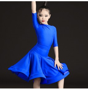 Kids royal blue competition ballroom latin dance dress for girls stage performance latin dance skirts professional latin dance costumes