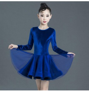 Kids royal blue competition latin dresses velvet long sleeves red colored stage performance salsa rumba dance skirts dress 
