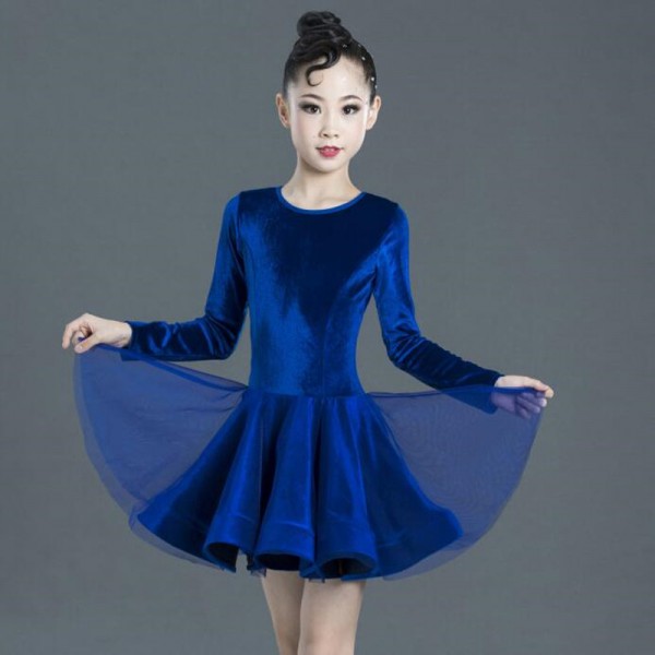 Kids Royal Blue Competition Latin Dresses Velvet Long Sleeves Red