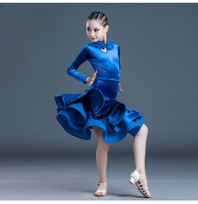 Kids royal blue velvet long sleeves latin ballroom dance dresses for girls stage performance salsa dance dress latin dance costumes for children